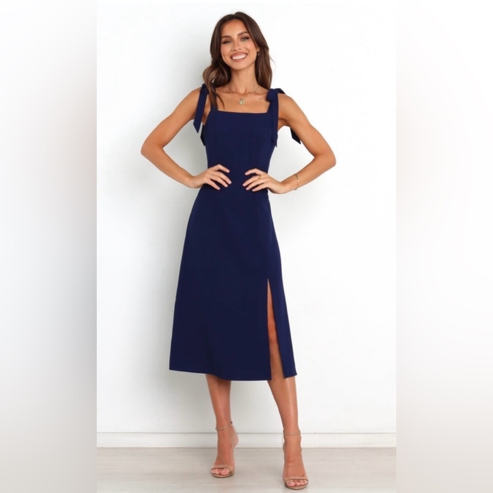 The Laurel Petal & Pup Elegant Navy Midi Dress